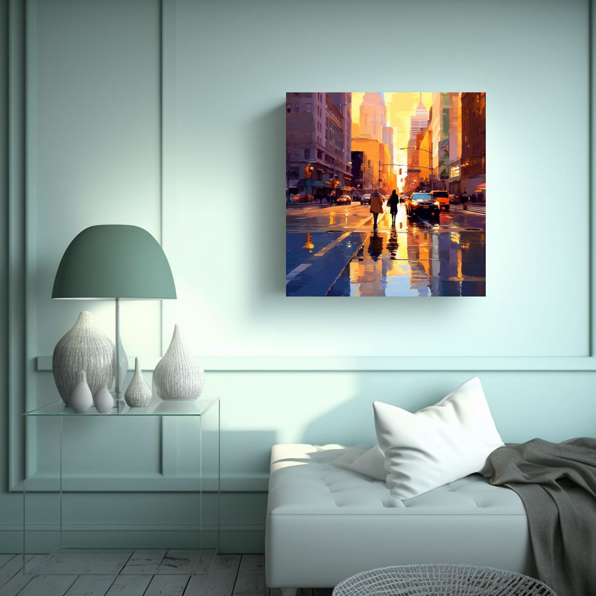 GENERICO - Pintura Al óleo De Un Animado Nueva York En Los 90x90 Cm