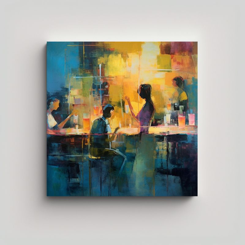 GENERICO - Pintura Abstracta En Bastidor Escena De Bar 80x80 Cm