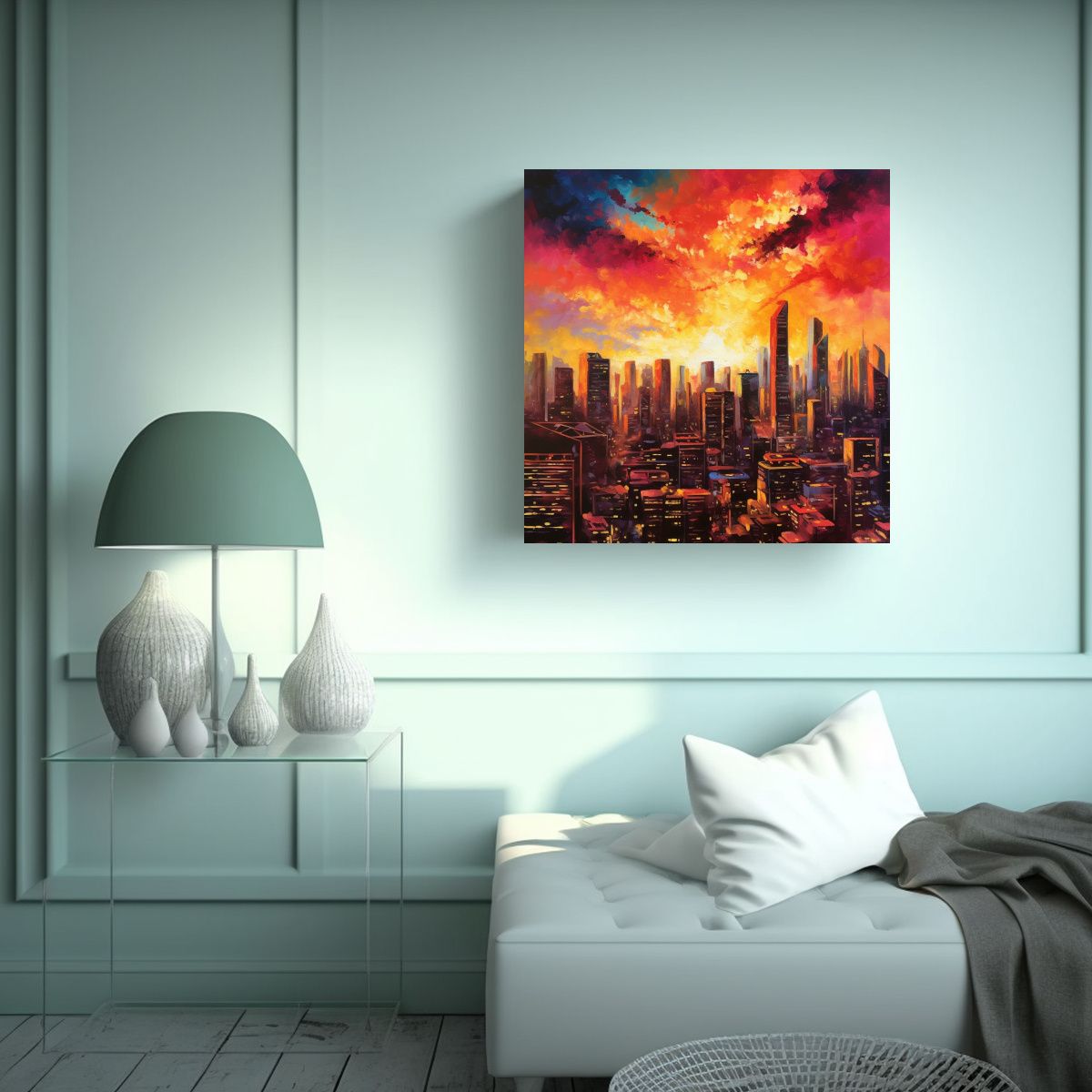 GENERICO - Pintura Perspectiva City Skyline Dibujo Cuadro 90x90 Cm