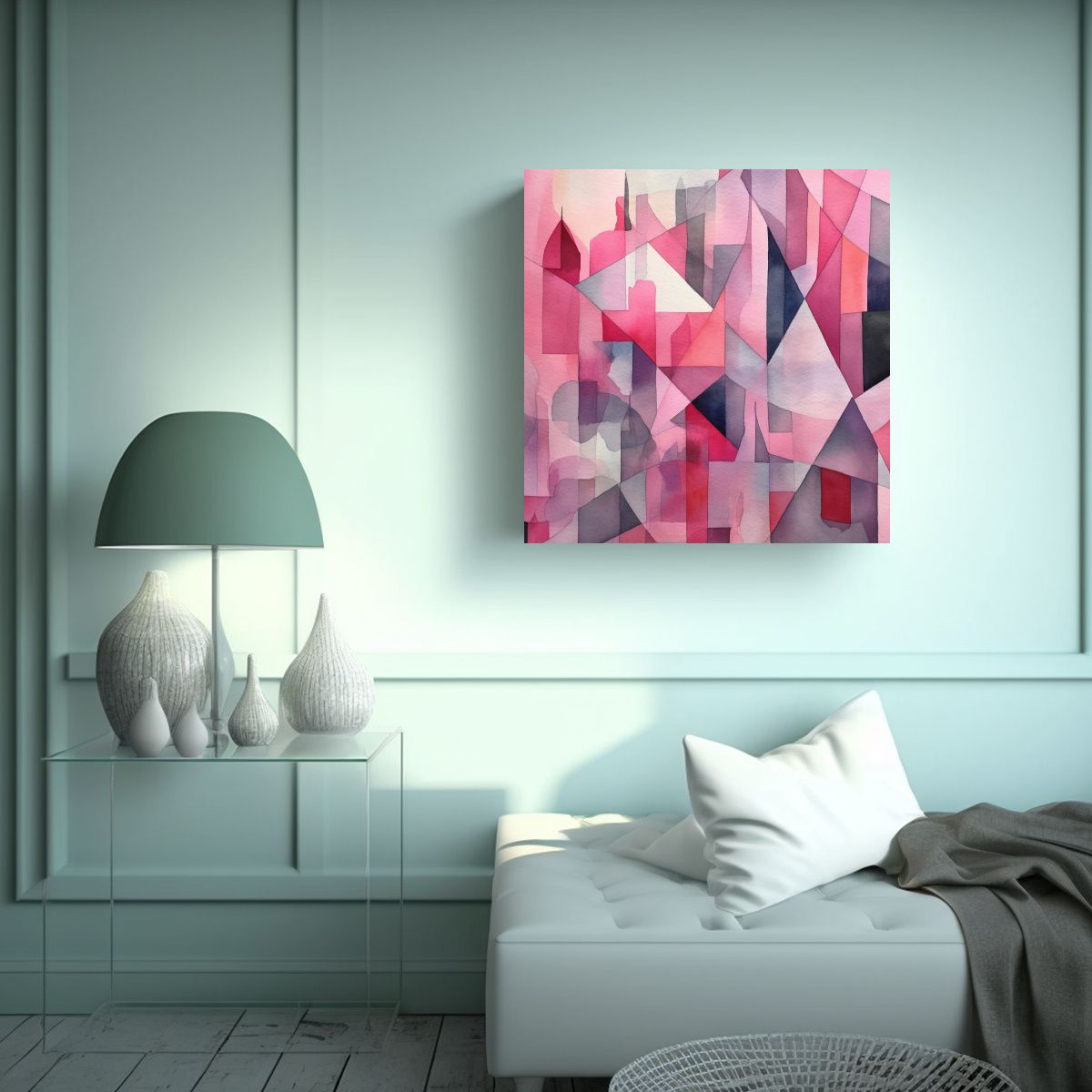 GENERICO - Pintura Abstracta Moderna En Acuarela Rosa Y Gris 50x50 Cm