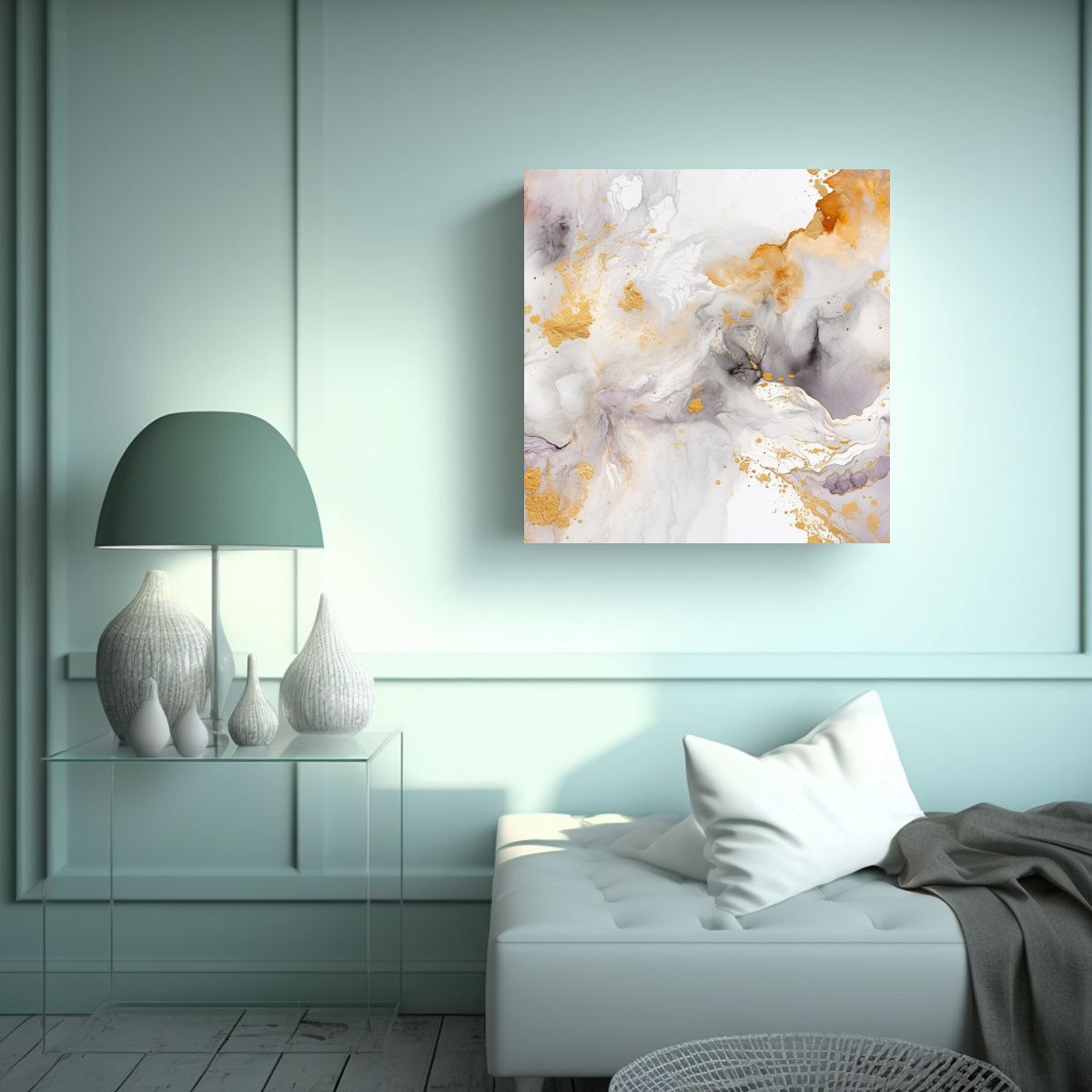 GENERICO - Pintura Abstracta Acuarela Con Efecto Dorado Y 80x80 Cm