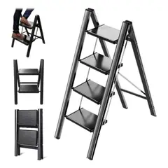 GENERICO - Escalera Plegable Ligera Acero 4 Escalones Capacidad 150kg Negro