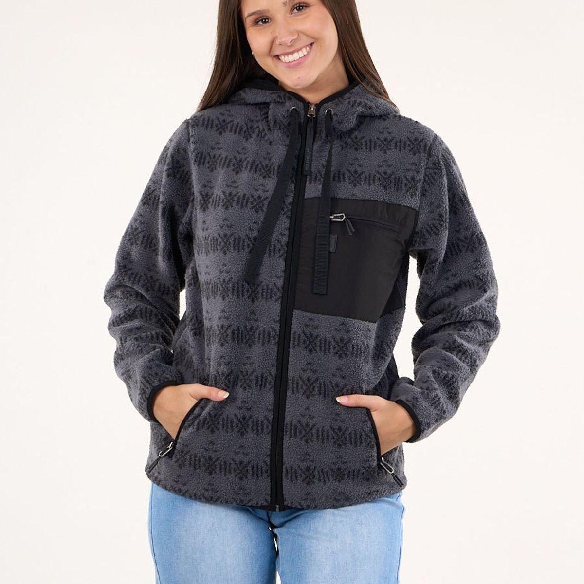 POLEMIC - Poleron polar full print look sherpa con gorro Gris mujer Polemic