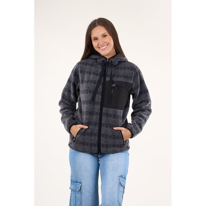 POLEMIC - Poleron polar full print look sherpa con gorro Gris mujer Polemic
