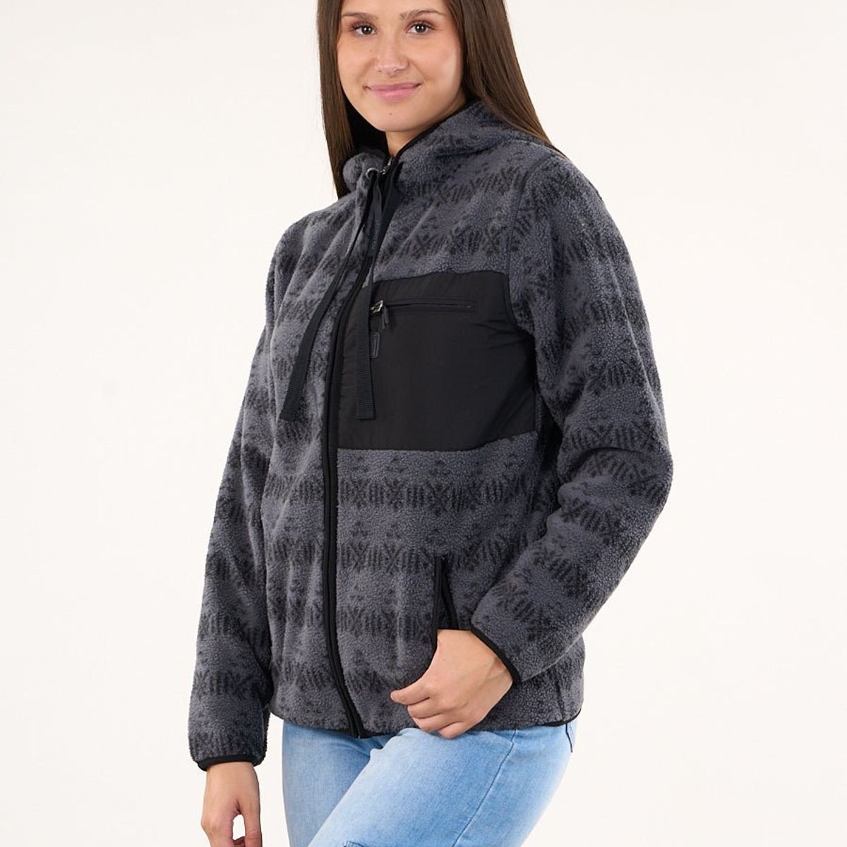 POLEMIC - Poleron polar full print look sherpa con gorro Gris mujer Polemic