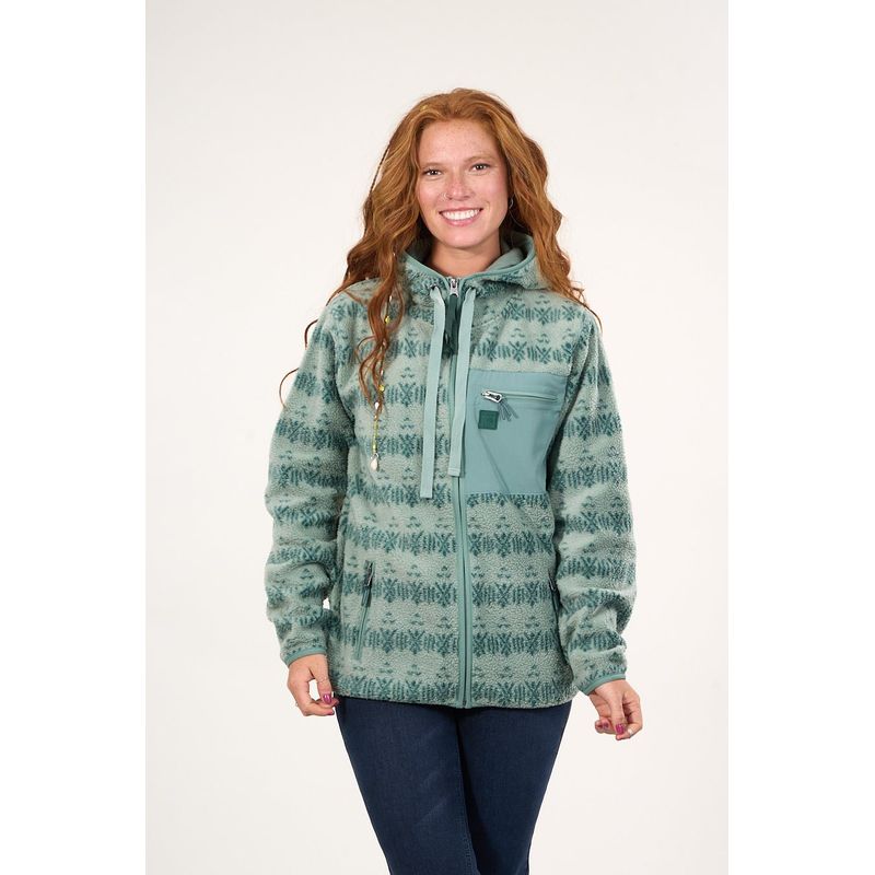 POLEMIC - Poleron polar full print look sherpa con gorro Verde mujer Polemic