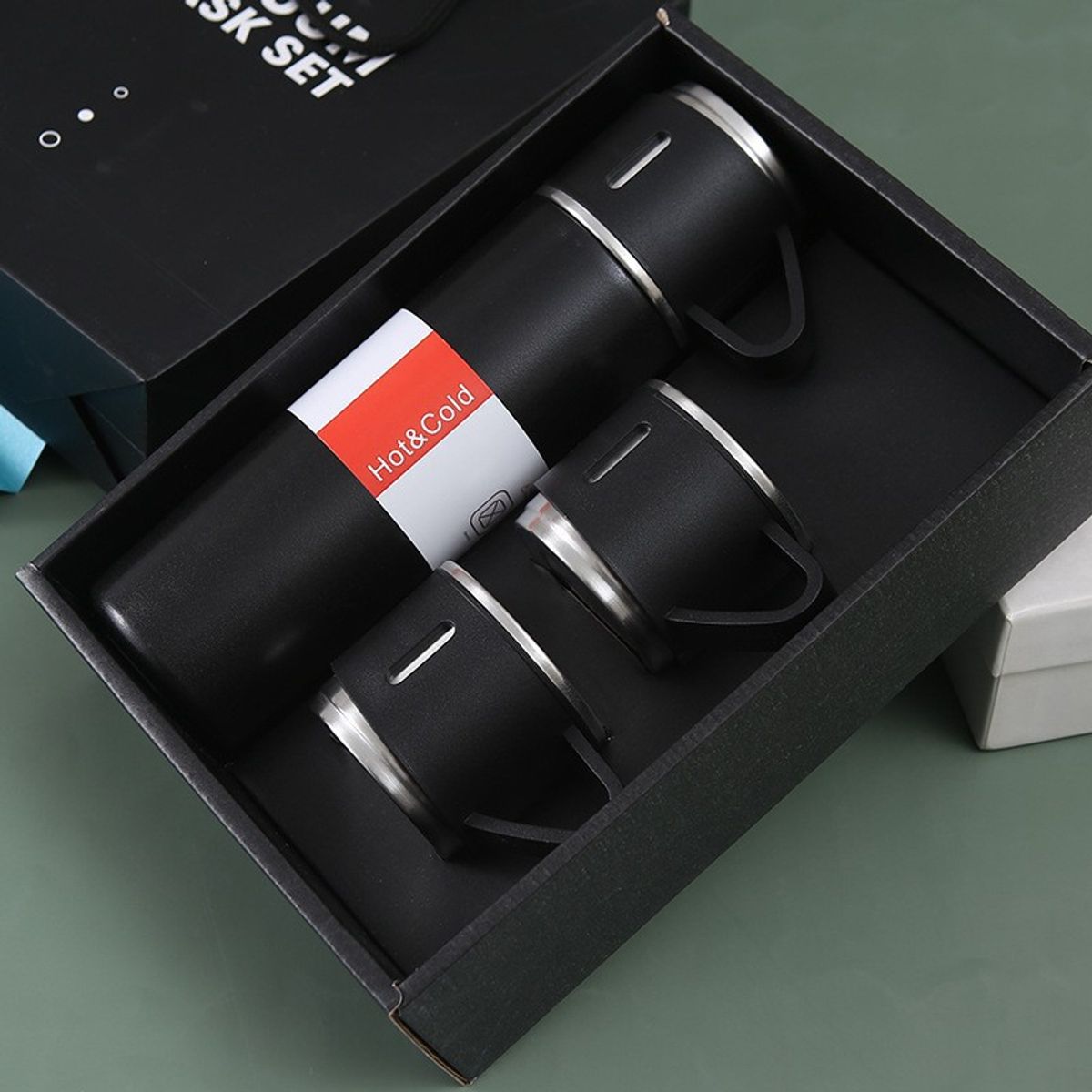 GENERICO - Botella 500 ml Set 3 tazas acero Negro