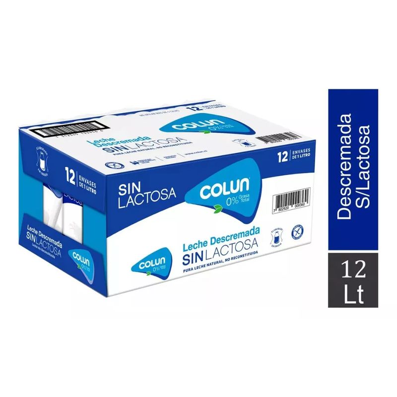 COLUN - Leche Descremada Sin Lactosa 1 Lt Colun, Pack 12