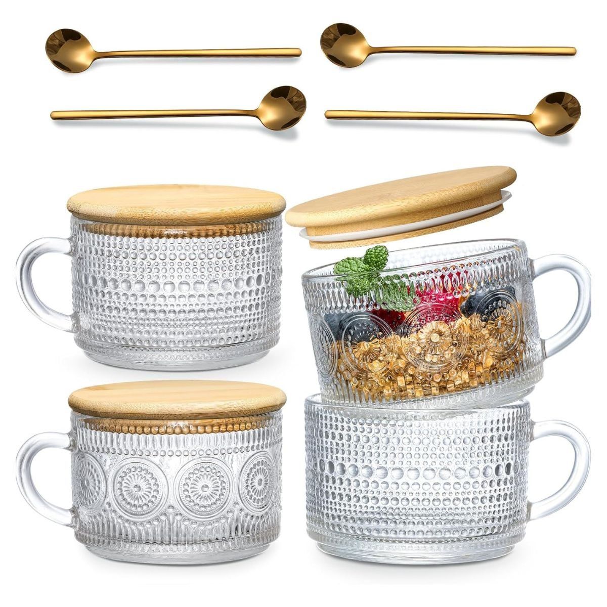 GENERICO - Set 4 Tazas Vidrio Tapa Bambu Individual Cafe Helado Cereal