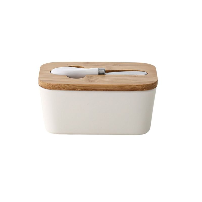 GENERICO - Mantequillero Cerámica Tapa Bamboo + Cuchillo 600ml