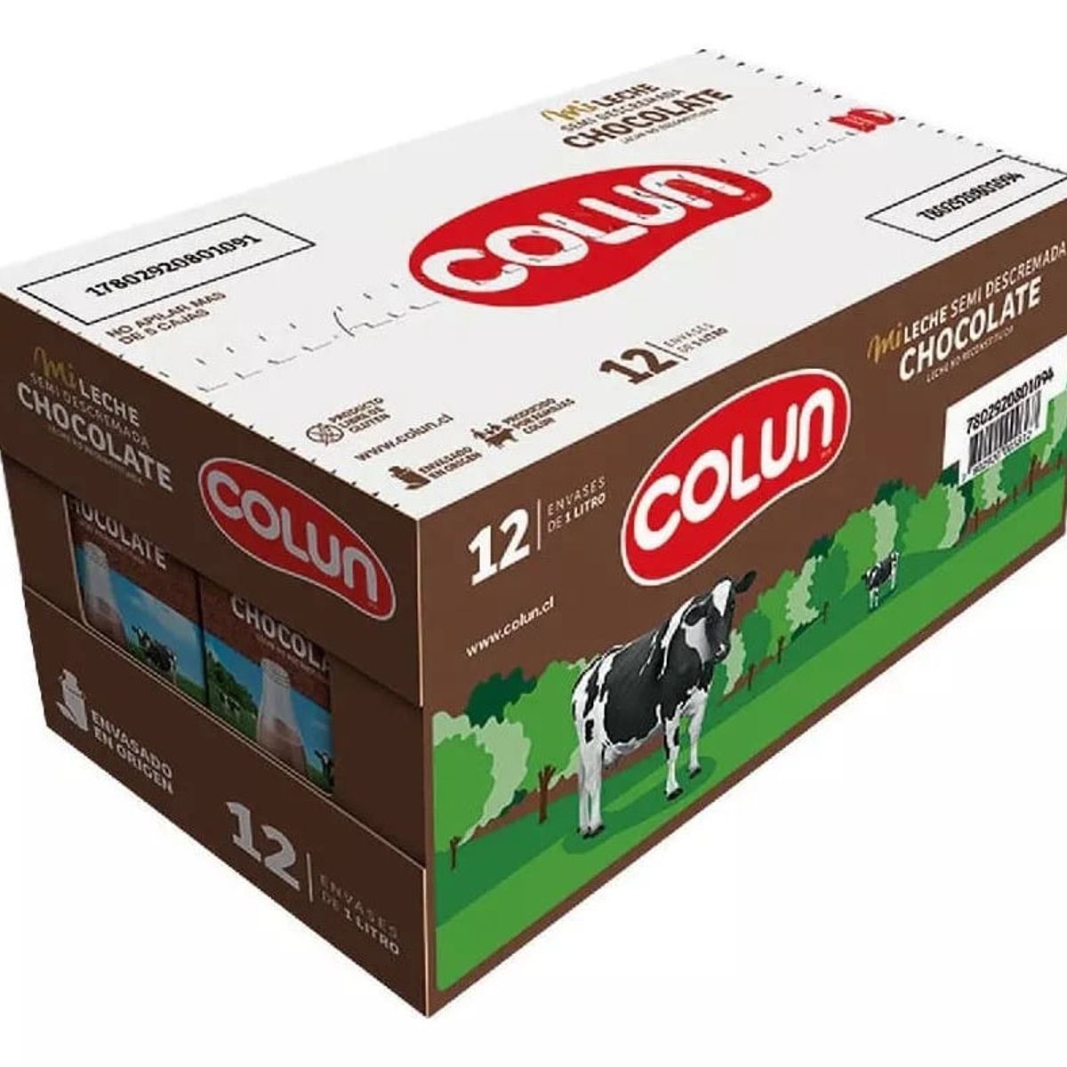 COLUN - Leche Semidescremada Chocolate 1 Lt Colun, Pack 12