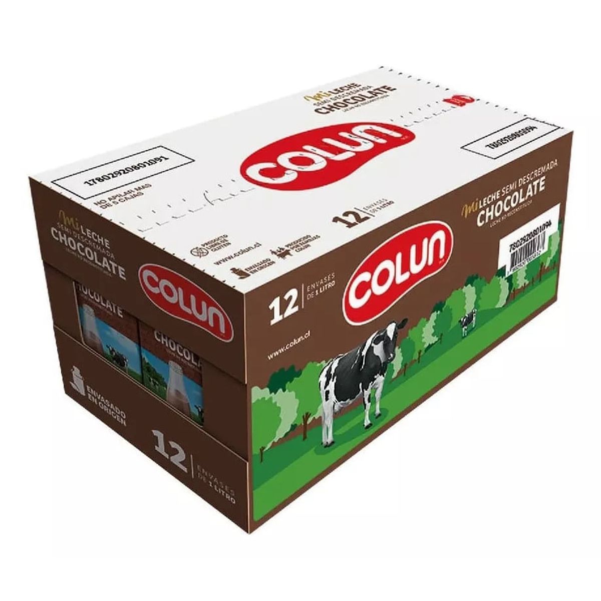 COLUN - Leche Semidescremada Chocolate 1 Lt Colun, Pack 12