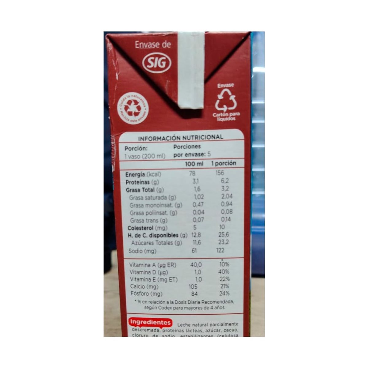COLUN - Leche Semidescremada Chocolate 1 Lt Colun, Pack 12