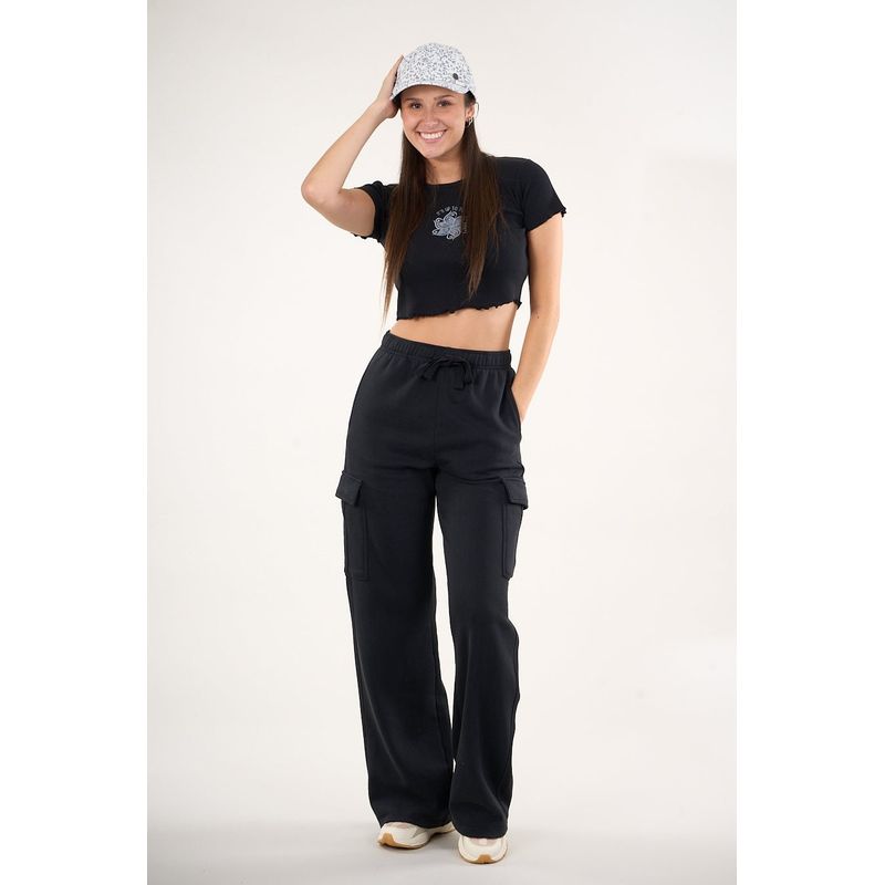 POLEMIC - Pantalon Franela Cargo Wide Leg Negro VW4726 Mujer Polemic