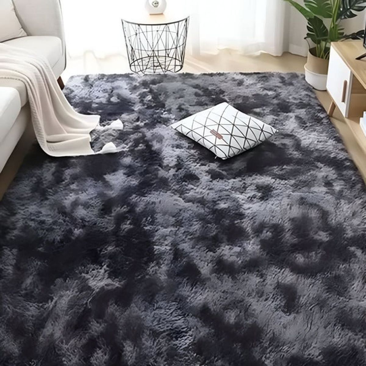 GENERICO - Alfombra peluda Suave 180 x 200 cm Primera Calidad Negro Jaspeado