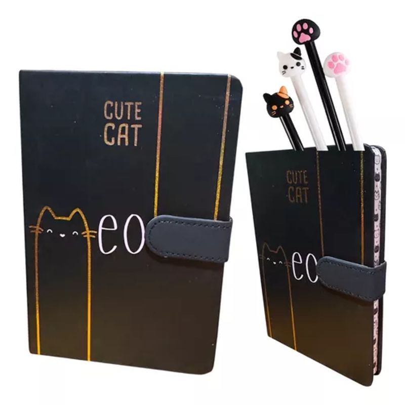 GENERICO - Pack Libreta Cierre Imantado 2 Lápices Tinta Diseño Gatito