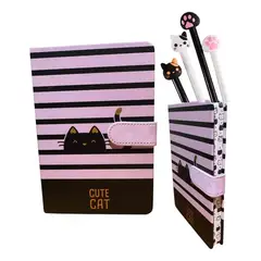 GENERICO - Pack Libreta Cierre Imantado 2 Lápices Tinta Diseño Gatito