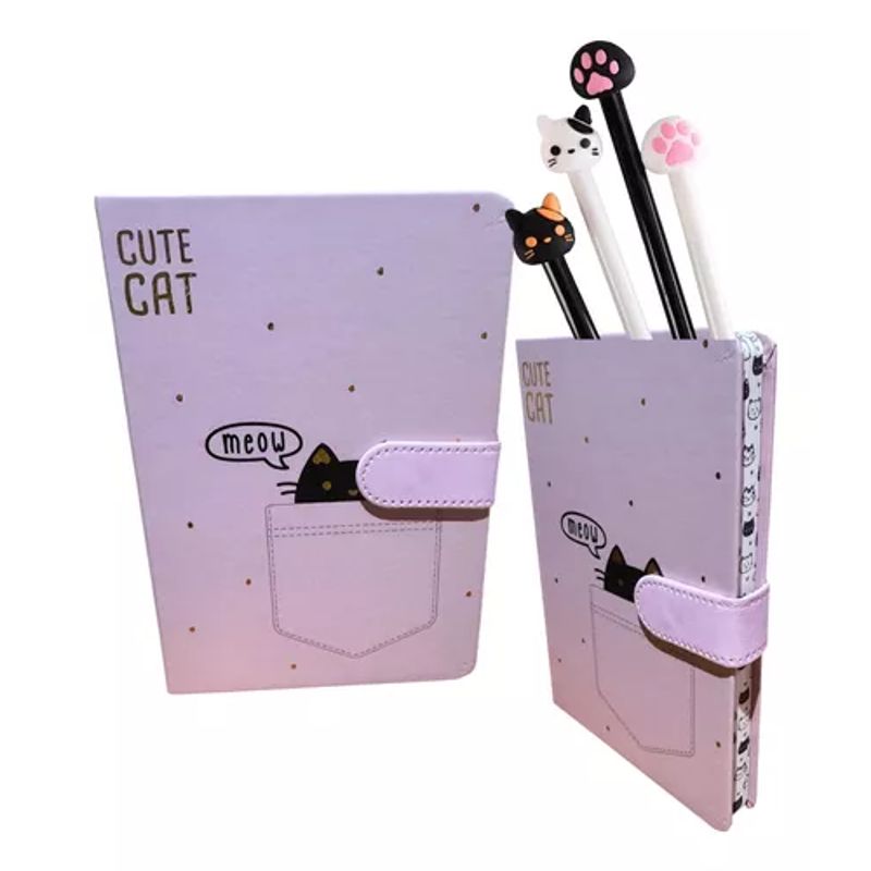 GENERICO - Pack Libreta Cierre Imantado 2 Lápices Tinta Diseño Gatito