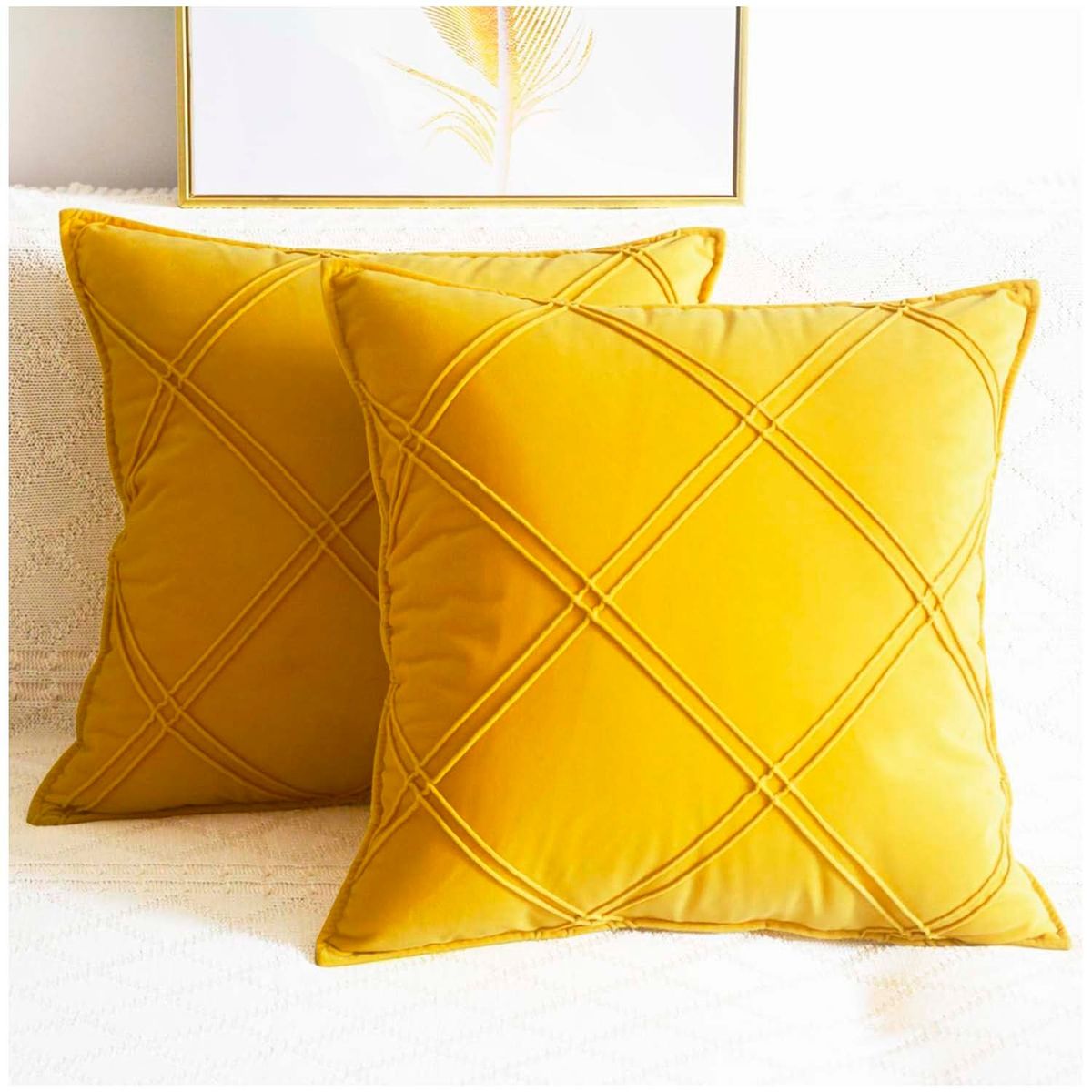 GENERICO - Pack de 02 Fundas De Cojín de Terciopelo con Raya Amarillo
