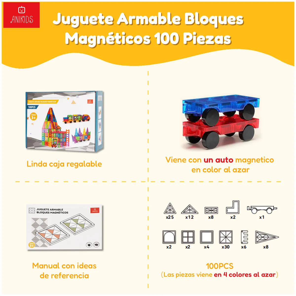 ANIKIDS - Bloques Magneticos Construccion Juguete Armable Niños 100pcs
