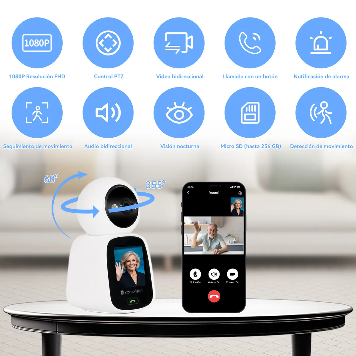VIDITA - Video Monitor Camara Seguridad Wifi Interior 5MP Videollamadas 360°