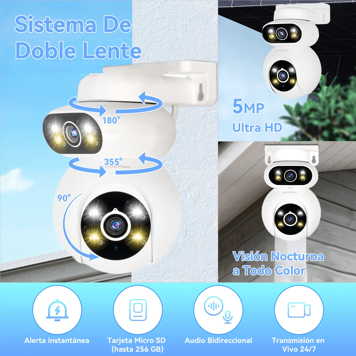 VIDITA - Camara de Seguridad 5MP Exterior Dual Lens Wifi Impermeable 360° PTZ IP65