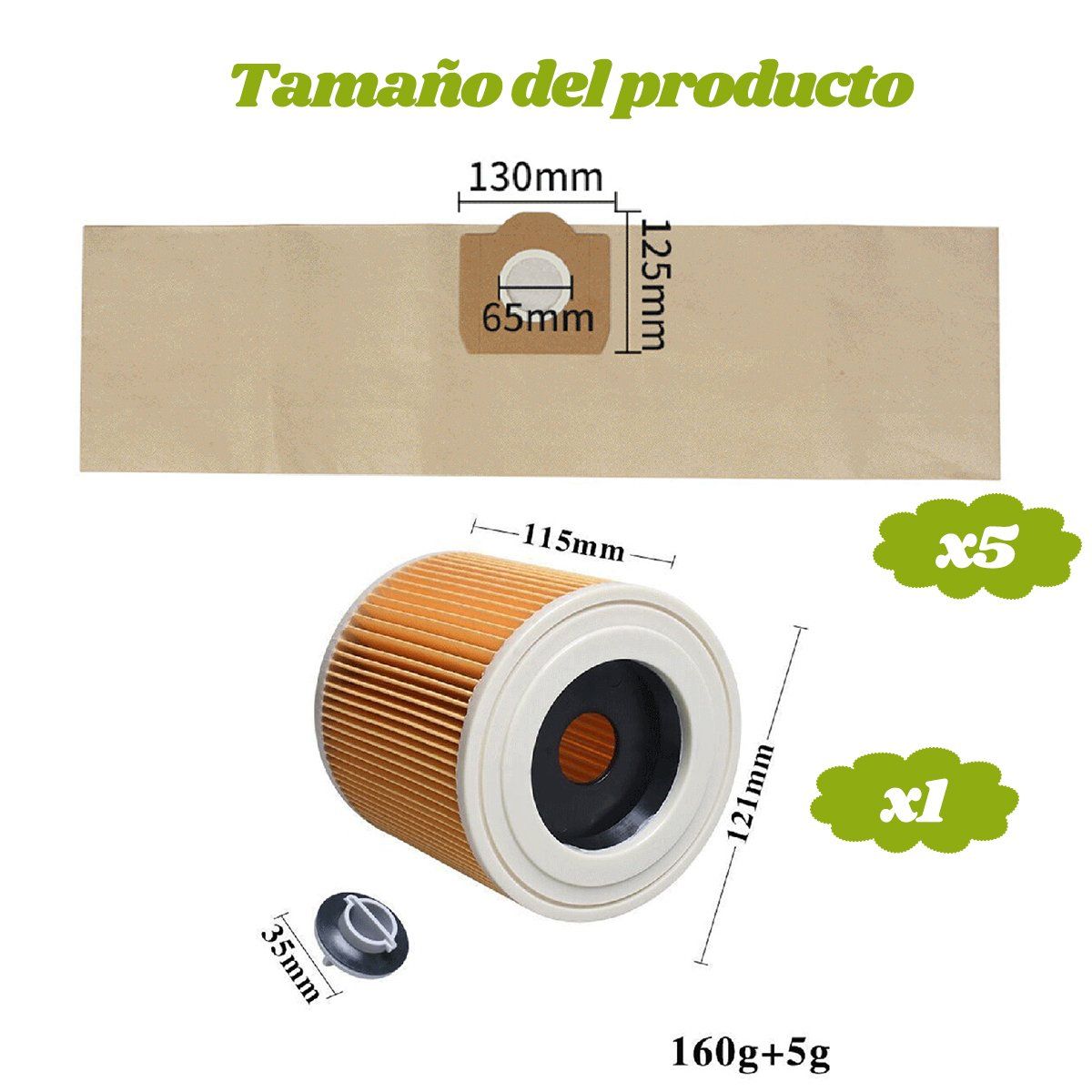 GENERICO - 5 Bolsas De Aspiradora Y 1 Filtro Compatible Con Karche