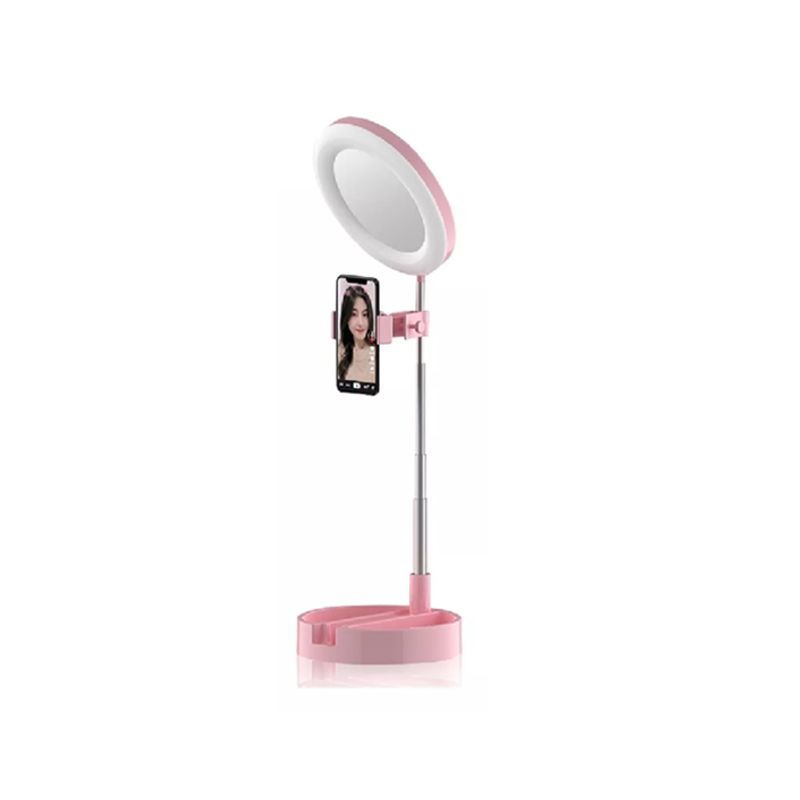 GENERICO - Aro de luz LED + espejo de maquillaje + soporte de celular 3en1 estructura rosa claro