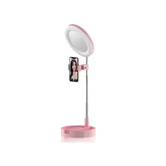 GENERICO - Aro de luz LED + espejo de maquillaje + soporte de celular 3en1 estructura rosa claro