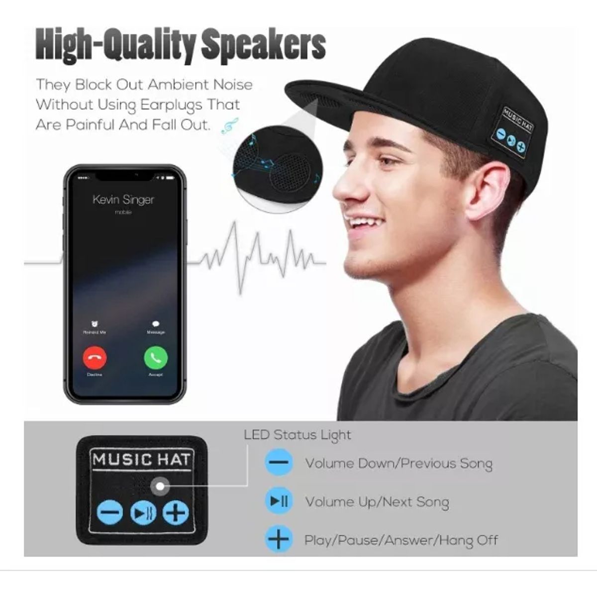 TIOZONEY - Gorra De Béisbol Con Audífonos Bluetooth