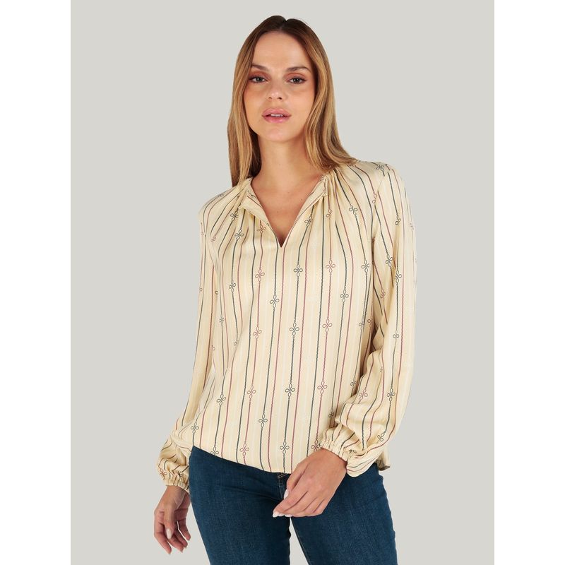 TOMMY HILFIGER - Blusa De Rayas Con Logo Beige Tommy Hilfiger
