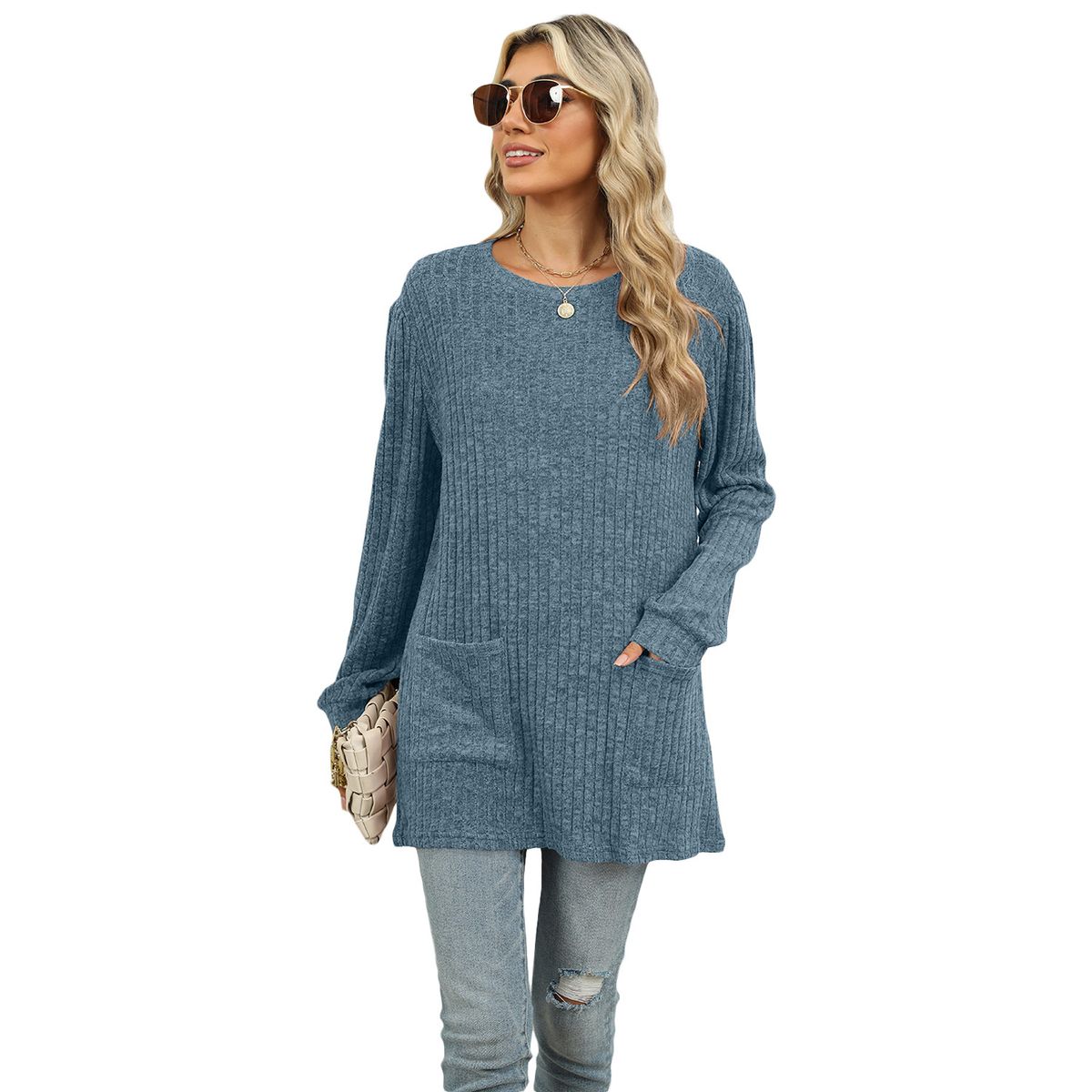 TIOZONEY - Cuello redondo de mujer y manga larga