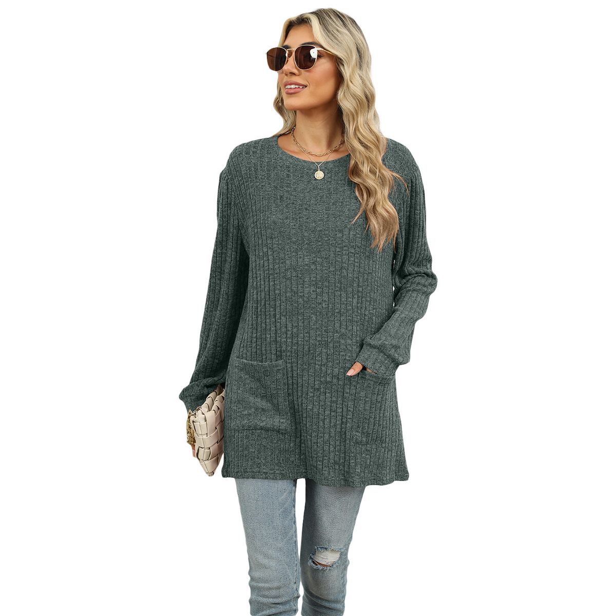 TIOZONEY - Cuello redondo de mujer y manga larga