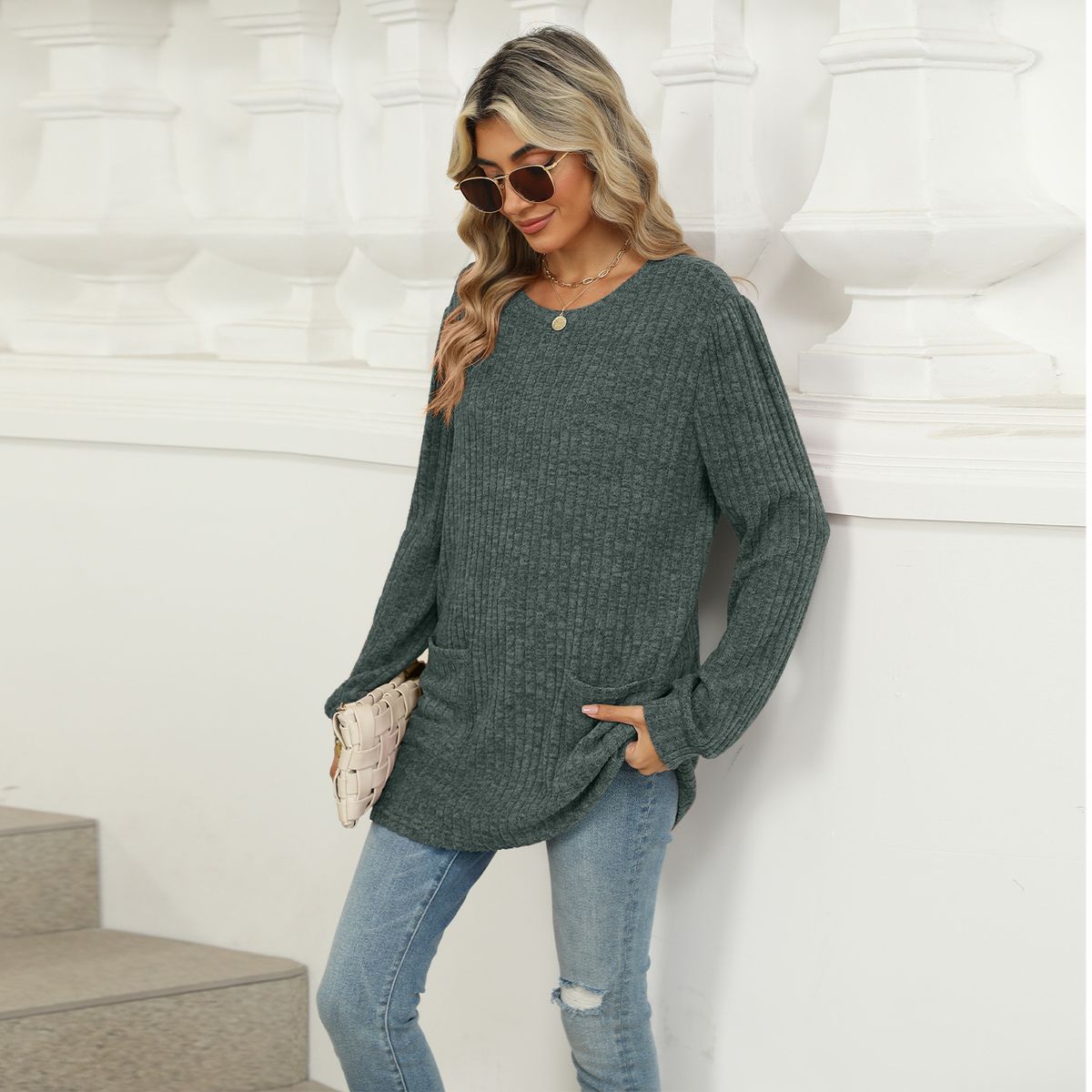 TIOZONEY - Cuello redondo de mujer y manga larga