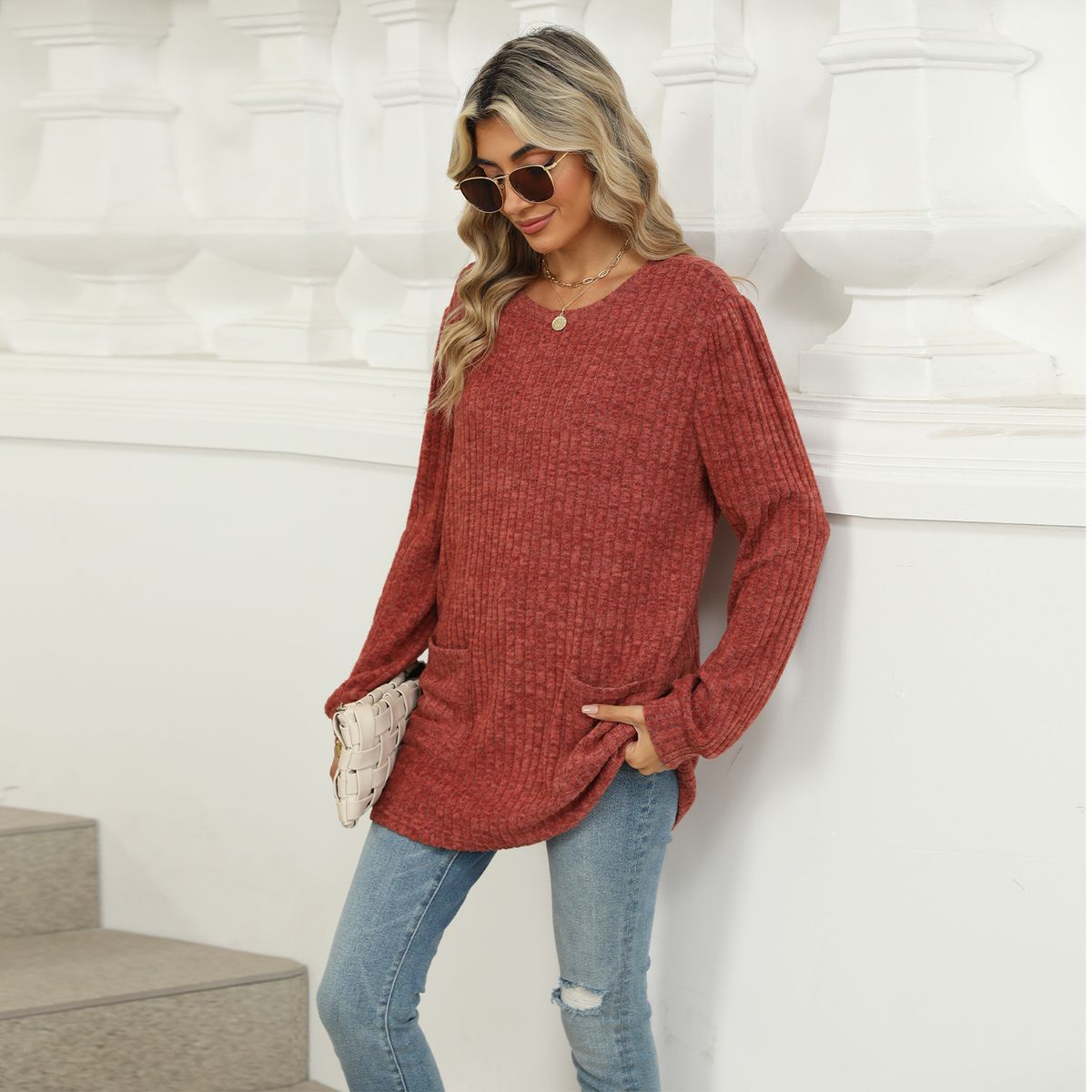 TIOZONEY - Cuello redondo de mujer y manga larga