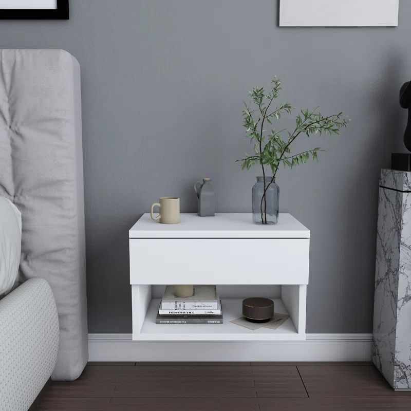 GENERICO - Velador Flotante Blanco con Cajon y Compartimento  Diseño Moderno