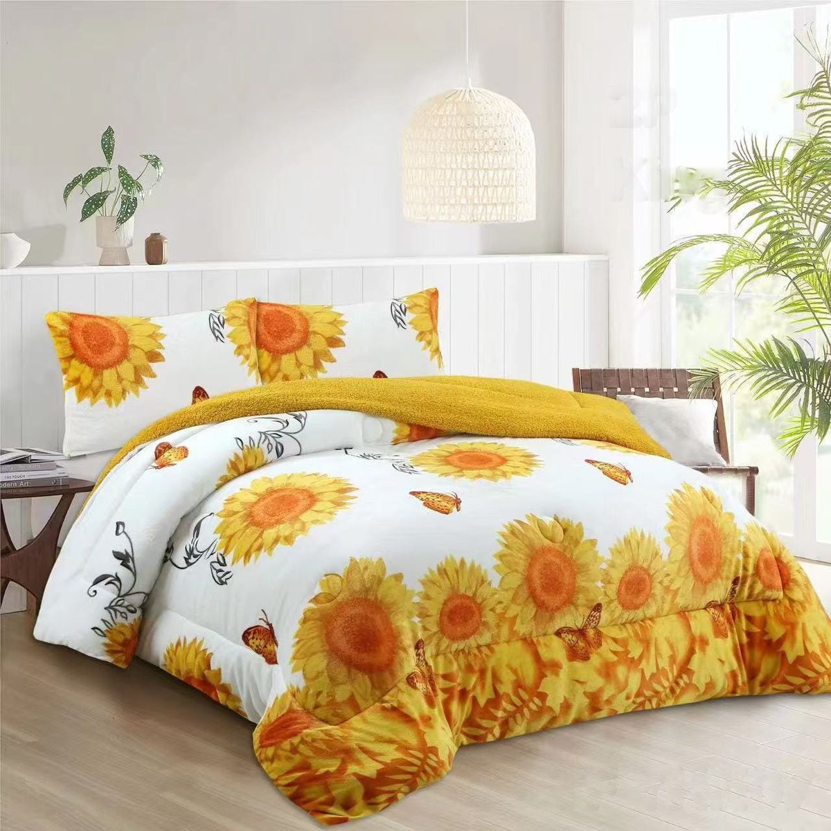 GENERICO - COBERTOR PLUSH CON CHIPORRO LISO 2 PLAZA DISEÑO DE GIRASOLES TF