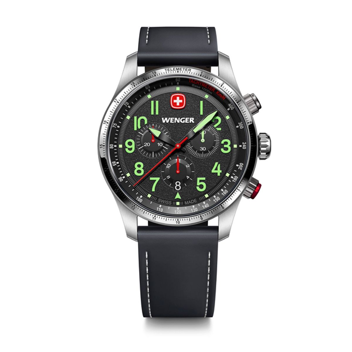WENGER - Reloj Terragraph Chrono negro correa de cuero Wenger