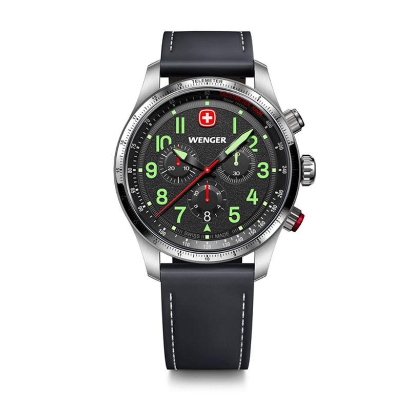 WENGER - Reloj Terragraph Chrono negro correa de cuero Wenger