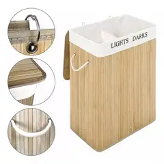 GENERICO - Cesto Canasto De Bambu Para Ropa Doble 65cm Grande Con Tapa Claro