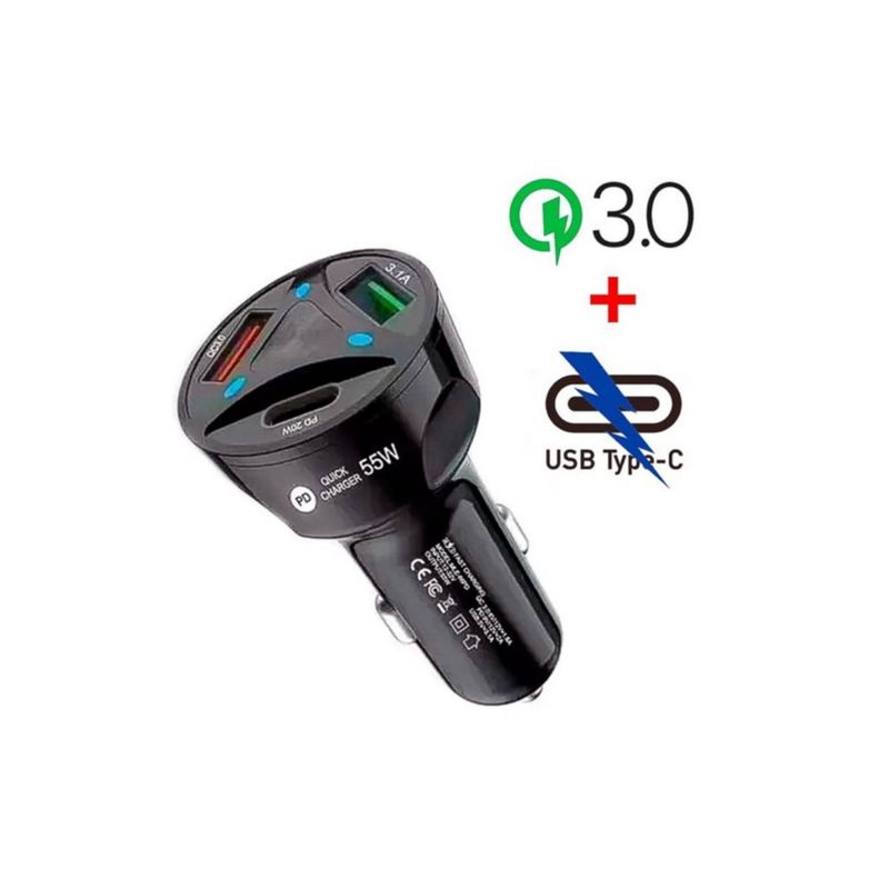 GENERICO - Cargador para autos 2 USB y tipo C 3.0