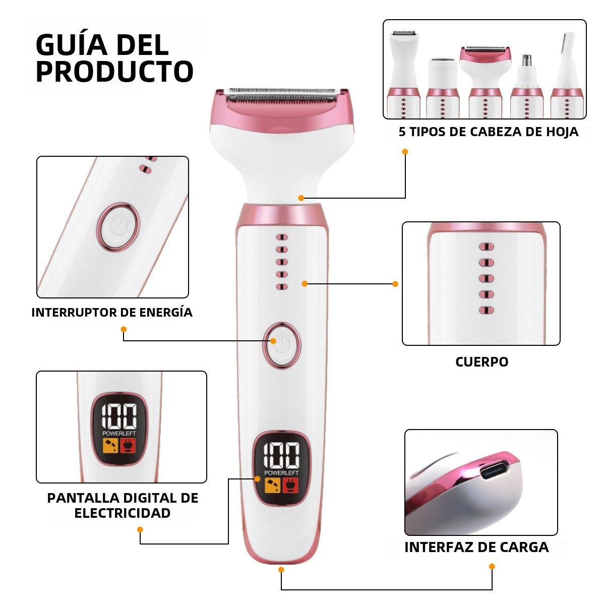 TIOZONEY - Afeitadora eléctrica femenina 5 en 1