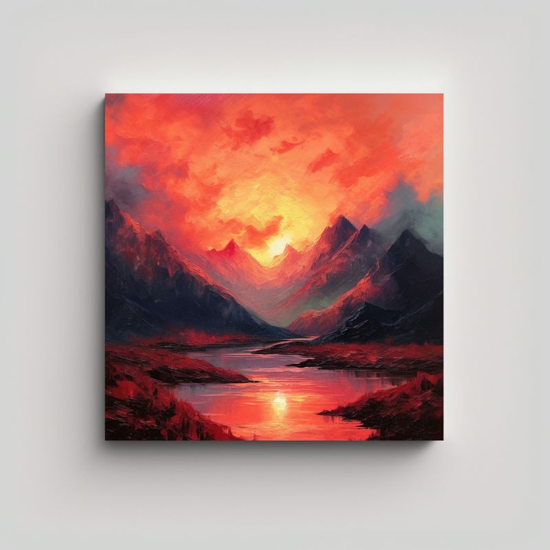 GENERICO - Paisaje Montañoso Y Acuático Con Cielo Rojo En 80x80 Cm