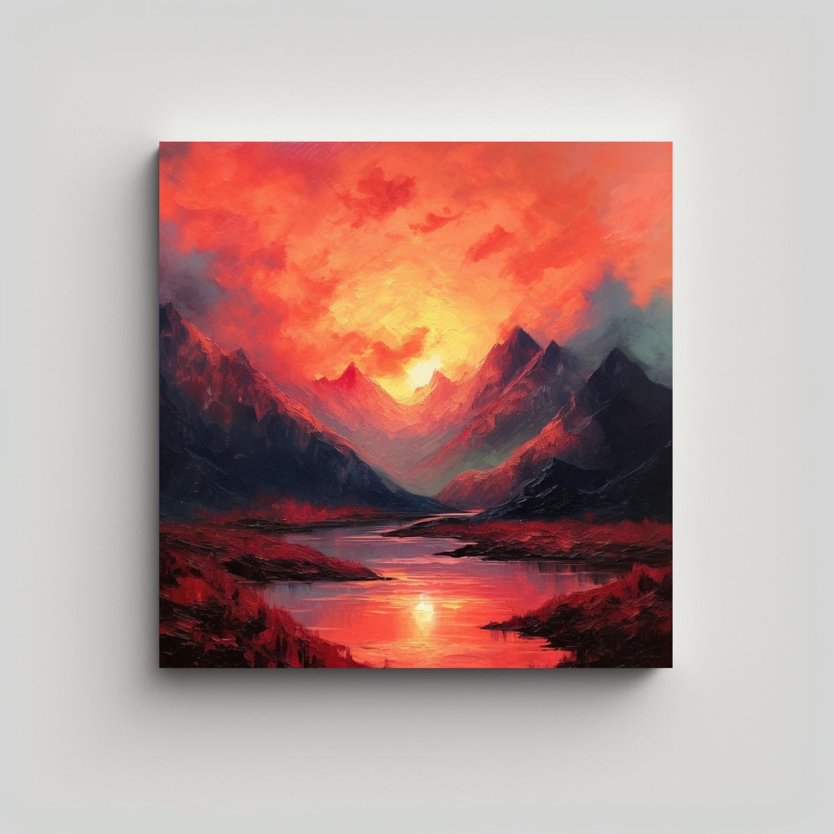 GENERICO - Paisaje Montañoso Y Acuático Con Cielo Rojo En 50x50 Cm