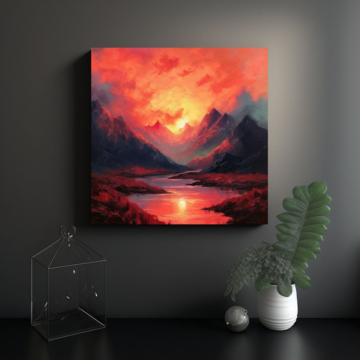 GENERICO - Paisaje Montañoso Y Acuático Con Cielo Rojo En 50x50 Cm