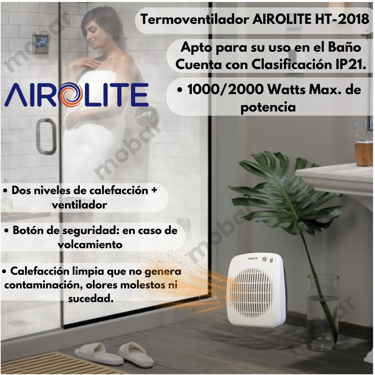 AIROLITE - Termoventilador Calefactor Apto Baños Estufa Airolite Ht2018 20m2 IP21