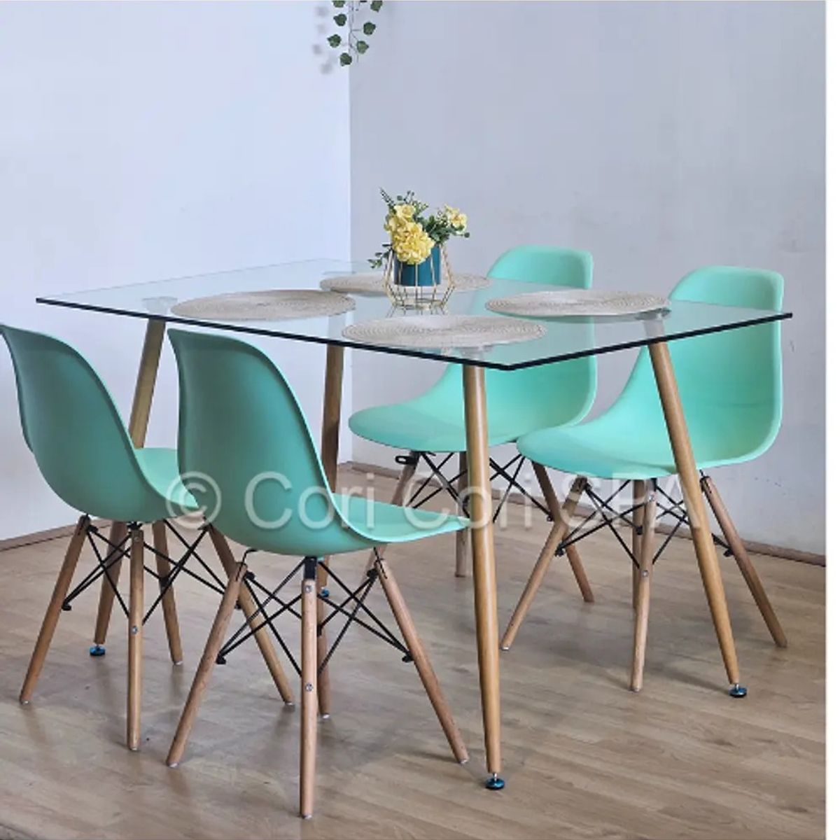 CORI CORI - Juego de Comedor Vidrio 120x80cm + 4 Sillas Eames Menta…
