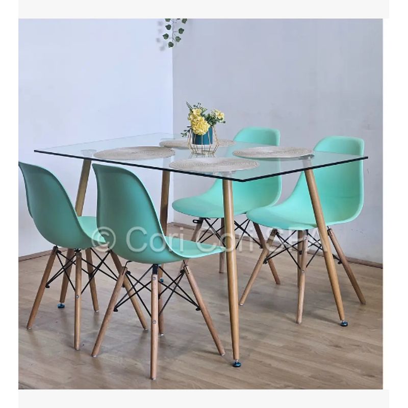 CORI CORI - Juego de Comedor Vidrio 120x80cm + 4 Sillas Eames Menta