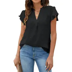 EDWINAYY - Blusa Casual De Cuello V Manga Corta Sexy Moda Mujer Camisa