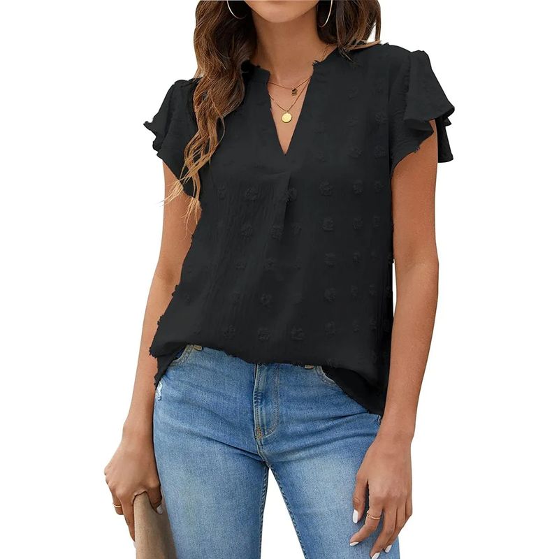 EDWINAYY - Blusa Casual De Cuello V Manga Corta Sexy Moda Mujer Camisa